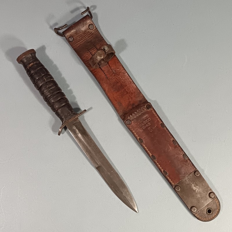 RARE !! COUTEAU DE COMBAT USM3 UTICA MARQUAGE GARDE ET MATRICULE AVEC FOURREAU CUIR USM6 MILSCO 1943
